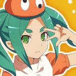  1girl brown_headwear closed_mouth ddak5843 green_eyes green_hair hat long_hair looking_at_viewer monogatari_(series) ononoki_yotsugi orange_background outline puffy_short_sleeves puffy_sleeves short_eyebrows short_sleeves sidelocks solo star thick_eyebrows tsukimonogatari twintails upper_body v-shaped_eyebrows v_over_eye white_outline 