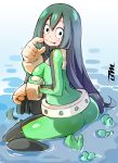  1girl asui_tsuyu bayeuxman black_eyes blush_stickers bodysuit boku_no_hero_academia gloves green_bodysuit green_hair hair_between_eyes highres long_hair looking_at_viewer shiny shiny_clothes shiny_hair smile solo tongue tongue_out very_long_hair water 