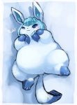  ambiguous_gender belly blush bodily_fluids eeveelution feral glaceon hi_res looking_at_viewer lying nintendo nude obese on_back overweight po_chf pok&eacute;mon pok&eacute;mon_(species) solo sweat sweatdrop video_games 