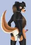  2019 anthro black_clothing black_collar black_nose blue_eyes butt canid canine canis clothing collar collie domestic_dog erection herding_dog hi_res kacey_(dontpanic) kaepotassium male mammal pastoral_dog penis sheepdog simple_background solo spiked_collar spikes standing 