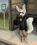  bench bus_stop canid canine clothing fennec fox geckozen hi_res hiklef hoodie male mammal topwear 
