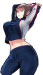  1girl alternate_costume arms_up bangs black_hair blunt_bangs breasts eye_(mememem) han_juri highres jacket large_breasts looking_at_viewer navel pants purple_eyes short_twintails solo standing stomach street_fighter street_fighter_v stretch taut_clothes toned track_jacket track_pants track_suit twintails 