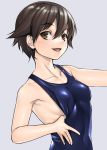  1girl armpits asashin_(kazami-tomo) breasts brown_eyes brown_hair covered_navel grey_background hair_between_eyes looking_at_viewer miyafuji_yoshika school_swimsuit self_exposure short_hair sideboob small_breasts smile solo strike_witches swimsuit swimsuit_pull world_witches_series 