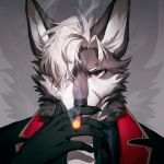  1:1 5_fingers absurd_res anthro bust_portrait canid canine canis cigar clothed clothing fingers fur grey_body grey_fur hair hair_over_eye hi_res holding_object looking_at_viewer luoluokun517 male mammal one_eye_obstructed portrait red_eyes scar short_hair smoke smoking solo white_body white_fur white_hair wolf 