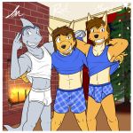  1:1 anthro beard boxers_(clothing) briefs bulge canid canine canis christmas clothed clothing clothing_lift coyote facial_hair father father_and_child father_and_son fish fuze group hi_res holidays ian_(fuze) male mammal marine midriff mond_reyes navel parent parent_and_child shark shirt shirt_lift son t-shirt tank_top texnatsu tighty_whities topwear underwear white_clothing white_underwear 