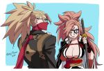  1boy 1girl answer_(guilty_gear) asaya_minoru baiken bangs black-framed_eyewear black_cape black_jacket black_kimono blue_background breasts bridal_gauntlets brown_hair cape cleavage covered_mouth eyepatch facial_mark forehead_mark glasses guilty_gear guilty_gear_xrd high_ponytail holding holding_sword holding_weapon jacket japanese_clothes katana kimono long_hair looking_away looking_to_the_side medium_breasts mouth_hold obi parted_bangs ponytail profile red_shirt sash scar scar_across_eye shirt sword twitter_username two-tone_background upper_body very_long_hair weapon white_background white_kimono 