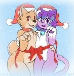  2019 4_fingers absurd_res ambiguous_gender anthro arched_back big_butt biped black_nose bow_ribbon butt canid canine canis cheek_tuft chest_tuft christmas clothing collar countershading cute_fangs digital_media_(artwork) domestic_cat domestic_dog duo embrace english_text facial_tuft featureless_crotch felid feline felis fingers flat_colors front_view fur gift_wrapped hair hat headgear headwear hi_res holidays hug kaitty kaittycat ketei ketei_(character) looking_at_viewer mammal mostly_nude multicolored_body multicolored_fur open_mouth open_smile pawpads paws purple_body purple_eyes purple_fur purple_hair purple_nose purple_pawpads red_eyes santa_hat shiba_inu simple_background smile snout snow spitz standing tan_body tan_countershading tan_fur text thick_thighs tuft two_tone_body two_tone_fur white_body white_countershading white_fur 