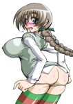  1girl ass blush braid breasts brown_hair from_behind green_eyes kujirada_daifutoshi large_breasts long_hair looking_at_viewer looking_back lynette_bishop multicolored multicolored_clothes multicolored_legwear open_mouth panties panty_pull shiny shiny_hair shiny_skin simple_background single_braid solo standing strike_witches striped striped_legwear sweat sweater_vest underwear white_background white_panties world_witches_series 