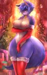  2019 anthro bell bell_collar big_breasts black_nose blue_body blue_fur blue_hair blush breasts canid canine canis christmas clothing collar embarrassed female fur girlsay gloves hair handwear hi_res holidays legwear maku_(maku450) mammal navel nipples pubes solo standing thigh_highs tree wide_hips wolf yellow_eyes 
