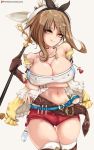  1girl atelier_(series) atelier_ryza belt blue_belt breasts brown_belt brown_gloves cleavage english_commentary flask gloves grey_background hair_ornament hairclip highres jacket jewelry kilalesi large_breasts leather leather_belt leather_gloves navel necklace patreon_logo patreon_username red_shorts reisalin_stout round-bottom_flask short_shorts shorts single_glove sleeveless sleeveless_jacket star star_necklace thick_thighs thigh_pouch thighs tongue tongue_out vial white_headwear yellow_jacket 