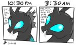  2015 anthropod arthropod black_body black_chitin blue_eyes changeling comic exoskeleton fangs feral friendship_is_magic male my_little_pony simple_background solo text thedrizzle404 white_background 