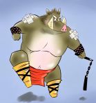  2009 anthro asian_clothing belly clothing east_asian_clothing fundoshi hi_res japanese_clothing male mammal navel overweight overweight_male simple_background solo suid suina sus_(pig) toukurou underwear weapon wild_boar 