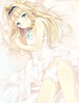  1boy bed blonde_hair blue_eyes crown epic7 highres long_hair looking_at_viewer minatsuki_kou penis smile 