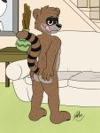  3_fingers 3_toes anthro butt cartoon_network doggettdouglasmcdog fingers furniture half-closed_eyes hand_on_butt hi_res living_room male mammal narrowed_eyes portrait procyonid raccoon regular_show rigby_(regular_show) scar sofa solo stairs toes tongue tongue_out vase 