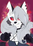  2019 absurd_res angry anthro canid canid_demon canine canis claws clothing collar demon digital_media_(artwork) female fur hair hellhound helluva_boss hi_res iroxykun loona_(vivzmind) mammal pawpads paws piercing red_sclera snarling solo twintails_(disambiguation) white_body white_fur wolf 