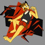  1:1 abstract_background anthro barefoot briefs bulge claws clothing fuze fuzeyeen hi_res hyaenid male mammal penis_outline shirt solo spotted_hyena tank_top tongue tongue_out topwear underwear 