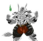  belt big_muscles bottomwear clothing felid fire_spirit flexing green_eyes hi_res huge_muscles hyper hyper_muscles male mammal muscular pantherine pants sachiel_666 simple_background tiger white_background white_tape 