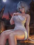  1girl artist_name breasts cleavage code_vein collarbone highres io_(code_vein) lantern large_breasts moon onsen rock sciamano240 short_hair signature silver_hair sitting sky solo star_(sky) starry_sky towel yellow_eyes 