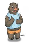  2013 anthro blush bottomwear brown_body brown_fur clothing fur hi_res humanoid_hands kernelpanic male mammal shirt shorts slightly_chubby solo suid suina sus_(pig) text topwear wild_boar 