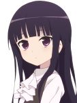  1girl ascot bangs black_dress black_hair blunt_bangs blush closed_mouth collared_shirt ddak5843 dress eyebrows_visible_through_hair inu_x_boku_ss long_hair purple_eyes shirakiin_ririchiyo shirt simple_background sleeveless sleeveless_dress solo upper_body white_background white_neckwear white_shirt 