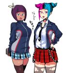  2girls :p alternate_costume alternate_hair_color arms_behind_back banchou bangs black_choker blue_hair blue_skirt blunt_bangs breasts choker dark_skin eye_(mememem) hairband han_juri jacket looking_at_viewer loose_necktie medium_breasts menat multicolored_hair multiple_girls necktie open_clothes open_jacket piercing pink_eyes pink_hair plaid plaid_skirt pleated_skirt purple_hair red_skirt skirt street_fighter street_fighter_v suspenders_hanging thighhighs tongue tongue_out torn_clothes torn_legwear track_jacket 