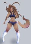  absurd_res anthro berruchan bottomwear breasts brown_body brown_fur canid canine clothed clothing female fur hair hi_res long_hair mammal shorts solo 