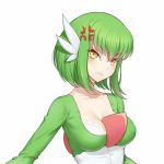  1girl alternate_hair_length alternate_hairstyle anarchojs bangs between_legs bob_cut breasts c.c. code_geass cosplay eyebrows_visible_through_hair gardevoir gardevoir_(cosplay) green_hair hair_ornament long_sleeves looking_at_viewer medium_breasts pokemon pokemon_(game) short_hair simple_background solo upper_body white_background yellow_eyes 