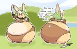  anthro arabel_(maddeku) belly big_belly big_butt breasts butt clothed clothing curvy_figure digital_media_(artwork) duo female hair hi_res huge_butt hyper lagomorph leporid looking_back maddeku mammal navel overweight pear_shaped rabbit rattie_(artist) simple_background solo text thick_thighs topwear underwear wide_hips 