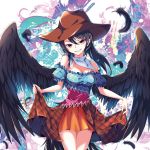  1girl absurdres bandana bangs bare_shoulders black_hair black_wings blue_shirt breasts brown_headwear brown_skirt cleavage commentary_request cowboy_hat cowboy_shot eyebrows_visible_through_hair feathered_wings feathers grin hair_between_eyes hat head_tilt highres kurokoma_saki long_hair looking_at_viewer medium_breasts miniskirt off-shoulder_shirt off_shoulder plaid plaid_skirt pleated_skirt puffy_short_sleeves puffy_sleeves red_eyes revision shirt short_sleeves skirt skirt_hold smile solo standing thighs touhou wings yamanakaume 