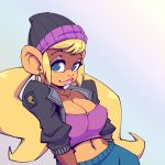  1:1 anthro beanie blonde_hair blue_eyes bottomwear breasts cleavage clothed clothing donkey_kong_(series) ear_piercing ear_ring eyeshadow female hair hat headgear headwear jacket kong lipstick long_hair looking_at_viewer makeup mammal midriff nintendo nitro piercing pigtails primate solo tiny_kong topwear video_games 