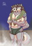  anthro big_muscles bulge canid canine canis clothing fence hi_res male mammal multi_arm multi_head multi_limb muscular muscular_male night sky soendapuss solo standing star temujin towel underwear wolf 