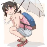  1girl ahoge backpack bag black_hair blush holding holding_umbrella kuraue_hinata pink_tank_top purple_eyes red_footwear shoes shorts simple_background sneakers socks solo squatting tank_top transparent transparent_umbrella twintails umbrella yama_no_susume yougiri 