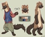  bottomwear clothing eyewear fatelyre geckozen gender_unknown glasses grey_background mammal model_sheet mustelid pants plantigrade simple_background 