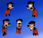  blue_background canid canine canis cirruskitfox clothed clothing disney domestic_dog goof_troop gradient_background half-closed_eyes happy looking_up male mammal max_goof narrowed_eyes naughty_face reaction_image simple_background smile solo teeth 