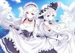  2girls absurdres apron azur_lane bangs belfast_(azur_lane) blue_eyes blue_sky blush braid breasts chain cleavage cloud collar collarbone commentary_request day dress dress_lift elbow_gloves floating_hair french_braid frills gloves hair_ornament hair_ribbon hat highres illustrious_(azur_lane) lace_trim large_breasts long_hair looking_at_viewer maid maid_headdress multiple_girls outdoors paaru ribbon skirt_hold sky sleeveless sleeveless_dress smile strapless strapless_dress sun_hat white_dress white_gloves white_hair white_headwear 