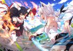  2girls animal_ears armpits battle black_hair breasts commentary_request detached_sleeves fire fox_ears fox_tail hair_ornament hairclip hololive ice japanese_clothes leg_up long_hair looking_at_another m-ya mountain multiple_girls official_art ookami_mio shirakami_fubuki silver_hair smoke tail thighhighs weapon wolf_ears 