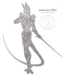  2_toes 3_fingers alien armor big_ears clothed clothing digitigrade fingers fully_clothed furgonomics gigren_(artist) greyscale hi_res horn long_tail male melee_weapon monochrome navel plate_armor solo sword toes weapon 