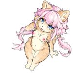  1:1 2019 4_toes 5_fingers areola blue_eyes breasts claws felid feline female fingers fur hair hi_res inner_ear_fluff kemono mammal navel nipples nude open_mouth open_smile pink_hair pink_tongue pussy rapel simple_background smile solo toe_claws toes tongue tuft white_background 