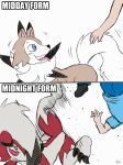  2017 5_fingers ambiguous_gender blush canid canine comic cross-popping_vein digital_media_(artwork) duo english_text feral fingers fur human lycanroc mammal midday_lycanroc midnight_lycanroc multicolored_body multicolored_fur nintendo open_mouth petting pok&eacute;mon pok&eacute;mon_(species) simple_background text tongue tongue_out vein video_games white_background winick-lim 