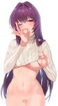  1girl bandaid bandaid_on_pussy bangs blush bottomless breasts closed_mouth clothes_lift damda fate/grand_order fate_(series) hair_between_eyes hair_intakes large_breasts long_hair long_sleeves looking_at_viewer navel one_eye_closed purple_hair red_eyes ribbed_sweater scathach_(fate)_(all) scathach_(fate/grand_order) simple_background smile solo sweater sweater_lift turtleneck turtleneck_sweater underboob white_background white_sweater 