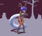  2018 anthro antlers bell blue_hair breasts capreoline cervid clothing felid female footwear hair high_heels highlights_(coloring) horn hybrid looking_up mammal mew_(helixjack) outside pantherine poiuytrew red_eyes red_highlights reindeer rubber shoes smile snow_leopard solo standing 