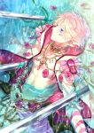 1boy abs blonde_hair blue_eyes collarbone flower gold_necklace hand_on_own_stomach hood hooded_jacket jacket jewelry long_sleeves looking_away lying male_focus navel necklace on_back open_clothes open_jacket original outstretched_arm parted_lips partially_submerged petals petals_on_liquid pink_flower pink_rose rose scar shirtless shiya_(mizushibuki) sideways signature solo sword water weapon white_jacket 