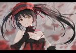  1girl black_hair breasts choker clock_eyes date_a_live detached_sleeves hairband hand_on_own_chest heterochromia highres jiuyue_lin lace lace_choker letterboxed lolita_fashion lolita_hairband long_hair medium_breasts motion_blur red_eyes smile solo strap_slip symbol-shaped_pupils tokisaki_kurumi twintails yellow_eyes 