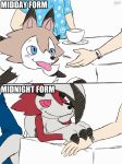  2016 5_fingers ambiguous_gender black_nose blue_eyes canid canine comic cup digital_media_(artwork) dipstick_ears english_text fingers fur group human lycanroc mammal midday_lycanroc midnight_lycanroc multicolored_body multicolored_ears multicolored_fur nintendo pok&eacute;mon pok&eacute;mon_(species) red_body red_fur signature tan_body tan_fur text tongue tongue_out video_games winick-lim 