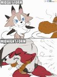  2016 ambiguous_gender anthro blue_eyes bodily_fluids canid canine chicken_meat colored_sketch comic digital_media_(artwork) eating english_text eyes_closed food fried_chicken fur humor lycanroc mammal meat meme midday_lycanroc midnight_lycanroc multicolored_body multicolored_fur nintendo pok&eacute;mon pok&eacute;mon_(species) saliva simple_background solo stare text video_games white_background winick-lim 