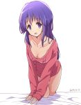  1girl all_fours blue_eyes blue_hair blush breasts cleavage collarbone dated eyebrows_visible_through_hair highres hinata_yukari long_hair looking_at_viewer mel_(melty_pot) open_mouth pink_sweater shiny shiny_hair simple_background small_breasts smile solo sweater white_background yuyushiki 