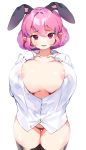  animal_ears breasts bunny_ears elf eyebrows_visible_through_hair gogoco highres large_breasts looking_at_viewer lucid maplestory pink_eyes pink_hair pointy_ears shirt simple_background white_shirt 