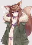  1girl absurdres animal_ears bra breasts brown_hair buttons cleavage collarbone commentary_request cowboy_shot fox_ears fox_girl fox_tail fur_collar gradient_hair green_jacket groin highres jacket kotamun long_hair long_sleeves looking_at_viewer multicolored_hair navel open_clothes open_jacket original panties parted_lips purple_bra purple_eyes purple_panties small_breasts solo stomach tail tail_raised underwear 