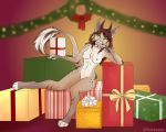  2019 5:4 absurd_res anthro breasts carmine_embershard christmas collar dragon felid feline female furasaur gift hi_res holidays horn hybrid inside leaning long_tail lynx mammal nipples nude pussy shaded sitting smile solo 