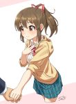  1boy 1girl blush bow bowtie brown_hair collared_shirt commentary cowboy_shot cropped_legs eyebrows_visible_through_hair hair_bow hand_on_own_chest high_ponytail holding_hands hood hood_down hoodie hori_yuuko idolmaster idolmaster_cinderella_girls light_smile long_hair out_of_frame plaid plaid_skirt pleated_skirt ponytail producer_(idolmaster) red_eyes shirt signature skirt sleeves_rolled_up solo_focus striped striped_neckwear sweatdrop two-tone_background tyuga white_shirt 